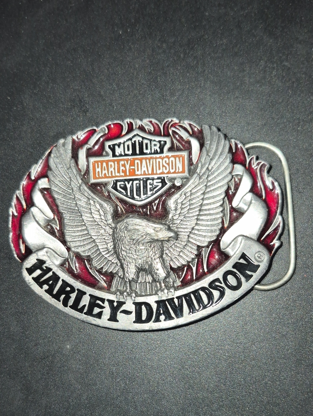 Vintage Harley-Davidson Silver Eagle Belt Buckle with Red and Orange Details